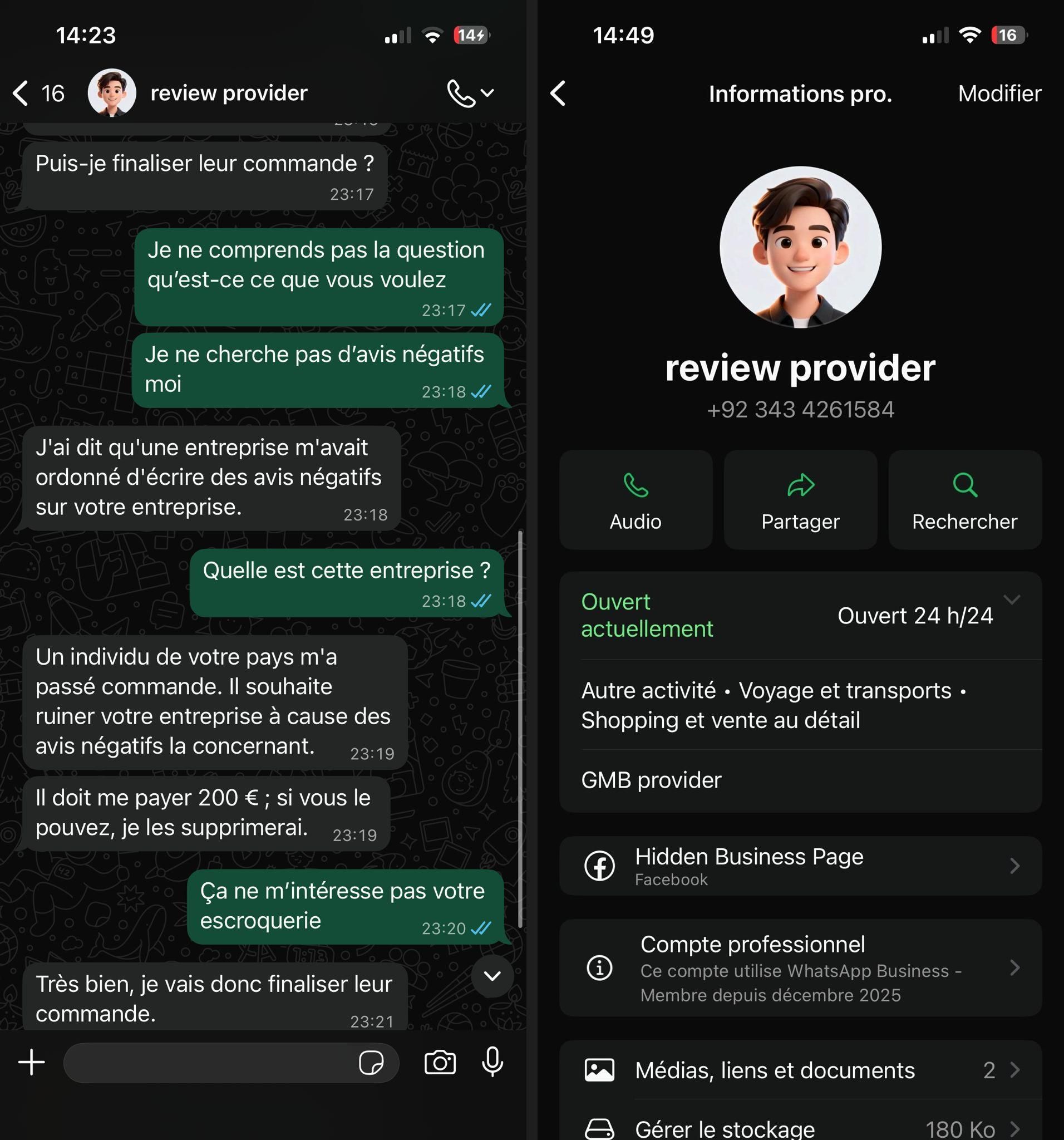 Escroquerie avis négatifs Google Review - Extrait de conversation n°2