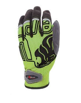 Un paio di guanti gialli e neri su sfondo bianco.