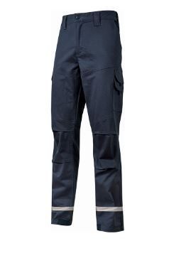 Un paio di pantaloni cargo blu con strisce riflettenti sul ginocchio.