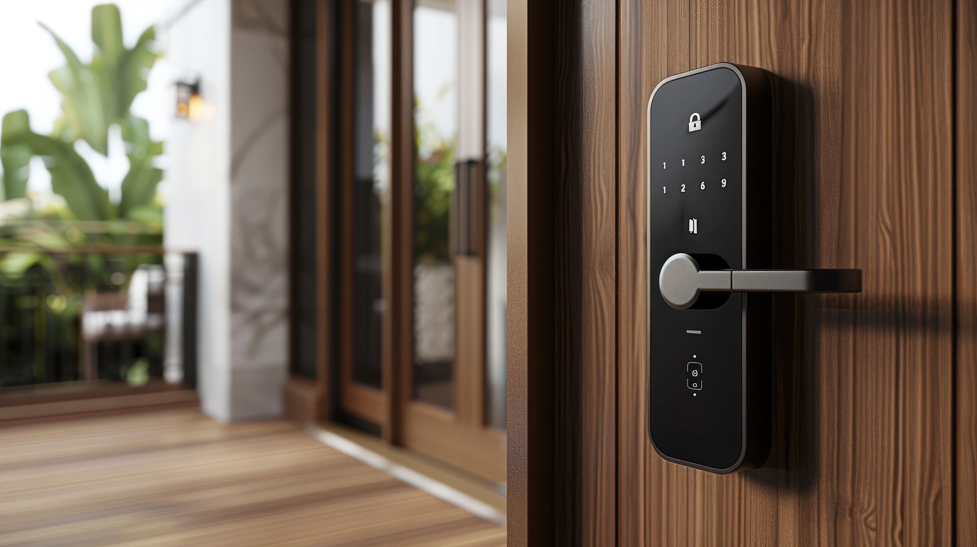 smart digital door lock installed on modern wooden door.