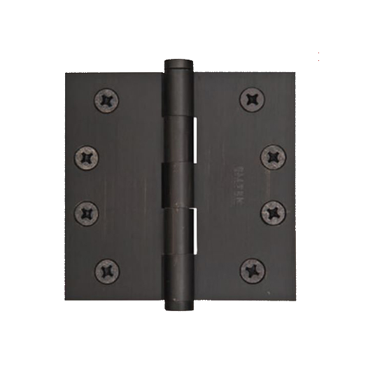Black door hinge with six screws on each side.