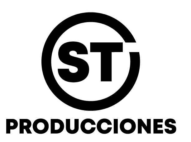 Logotipo negro con las letras ST dentro de un círculo roto, con la palabra PRODUCCIONES debajo.