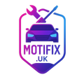 Logo for Motifix.UK: A car with a wrench and screwdriver on top, purple and blue gradient, within a shield.