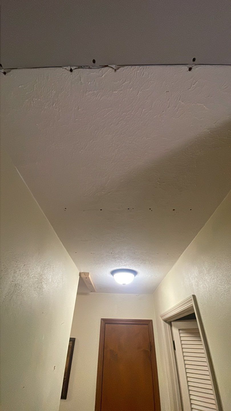 A hallway with a light on the ceiling and a door.