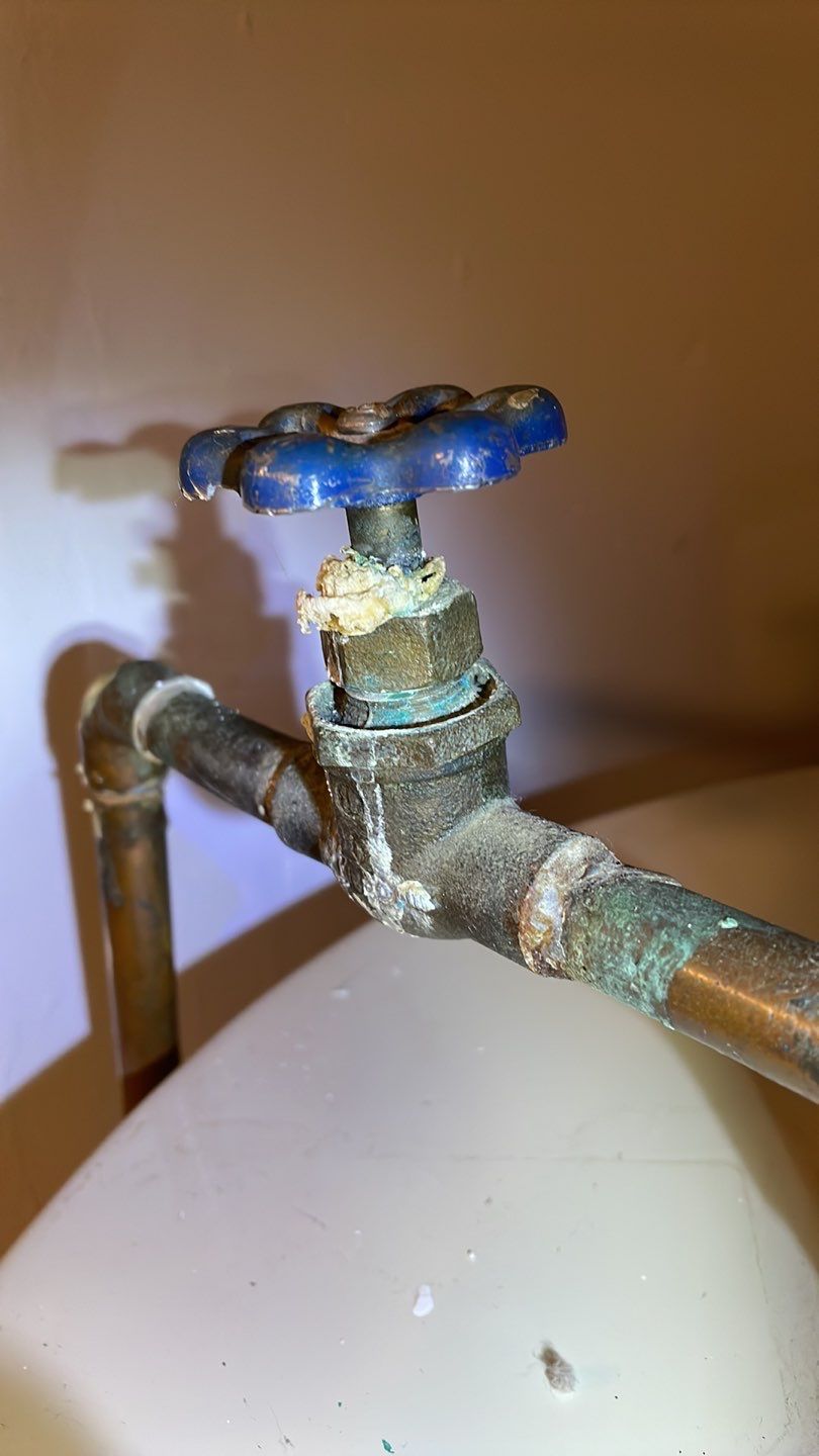 A close up of a faucet with a blue handle.