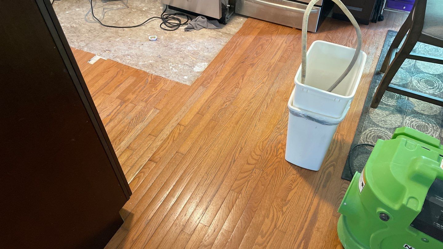 A green vacuum cleaner is sitting on a wooden floor next to a trash can.
