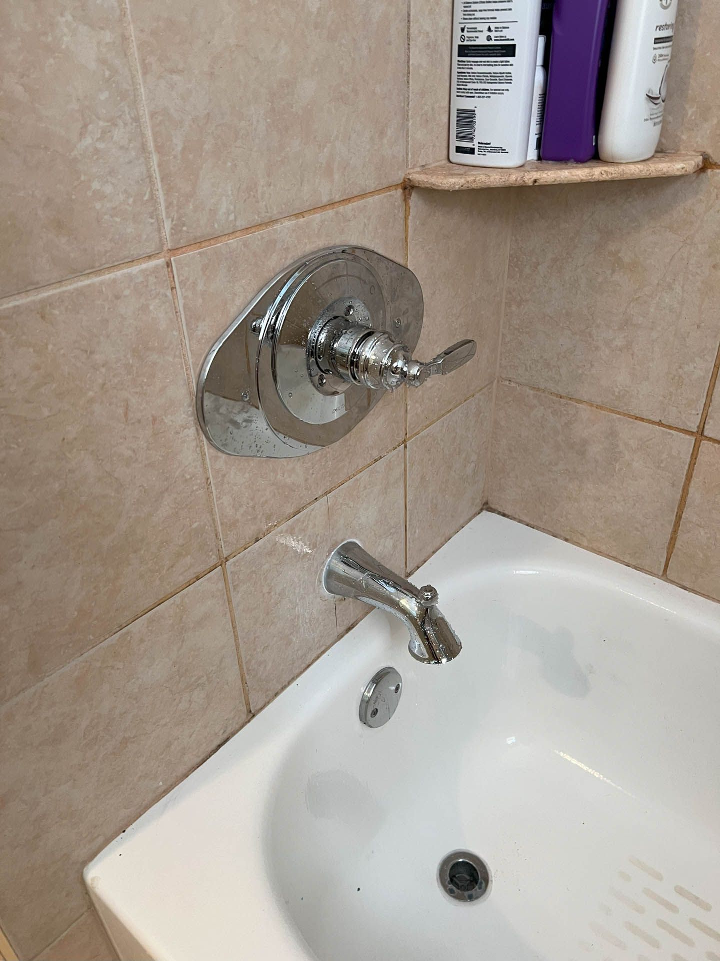 A bathroom with a bathtub and a shower faucet