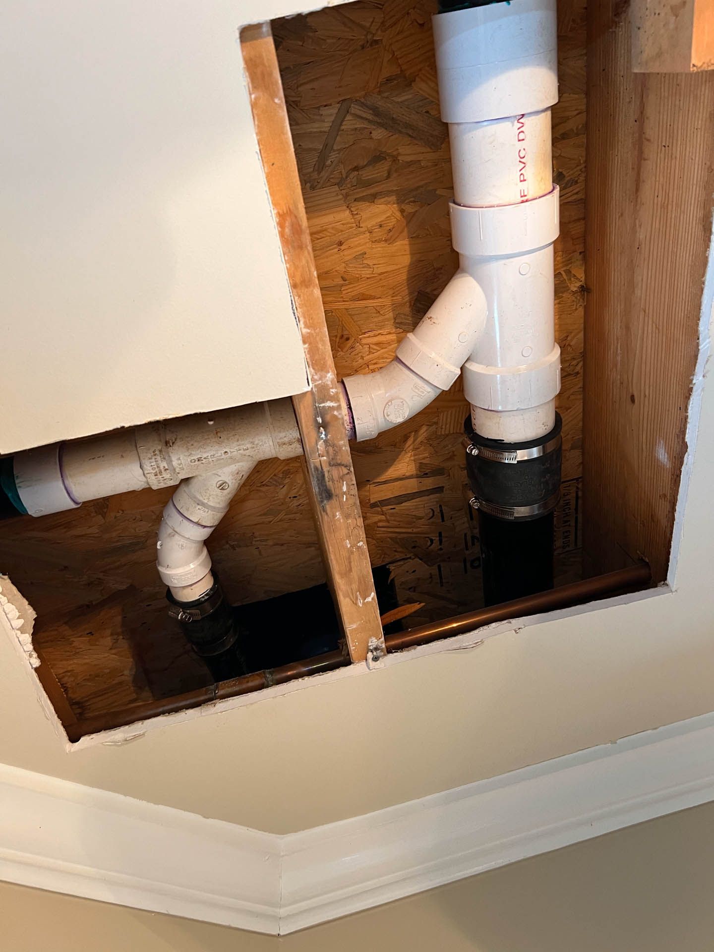 Plumbing pipe repairs in ceiling