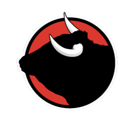A silhouette of a bull with horns in a red circle.
