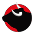 A black bull with white horns in a red circle