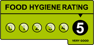 A green sign that says food hygiene rating 5