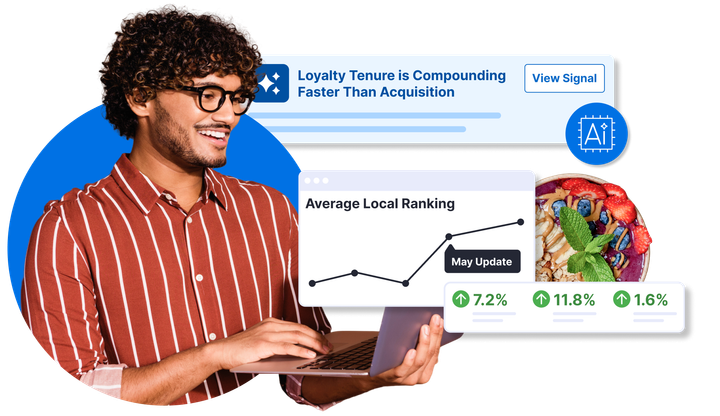 Man holding laptop viewing Olo's new AI features