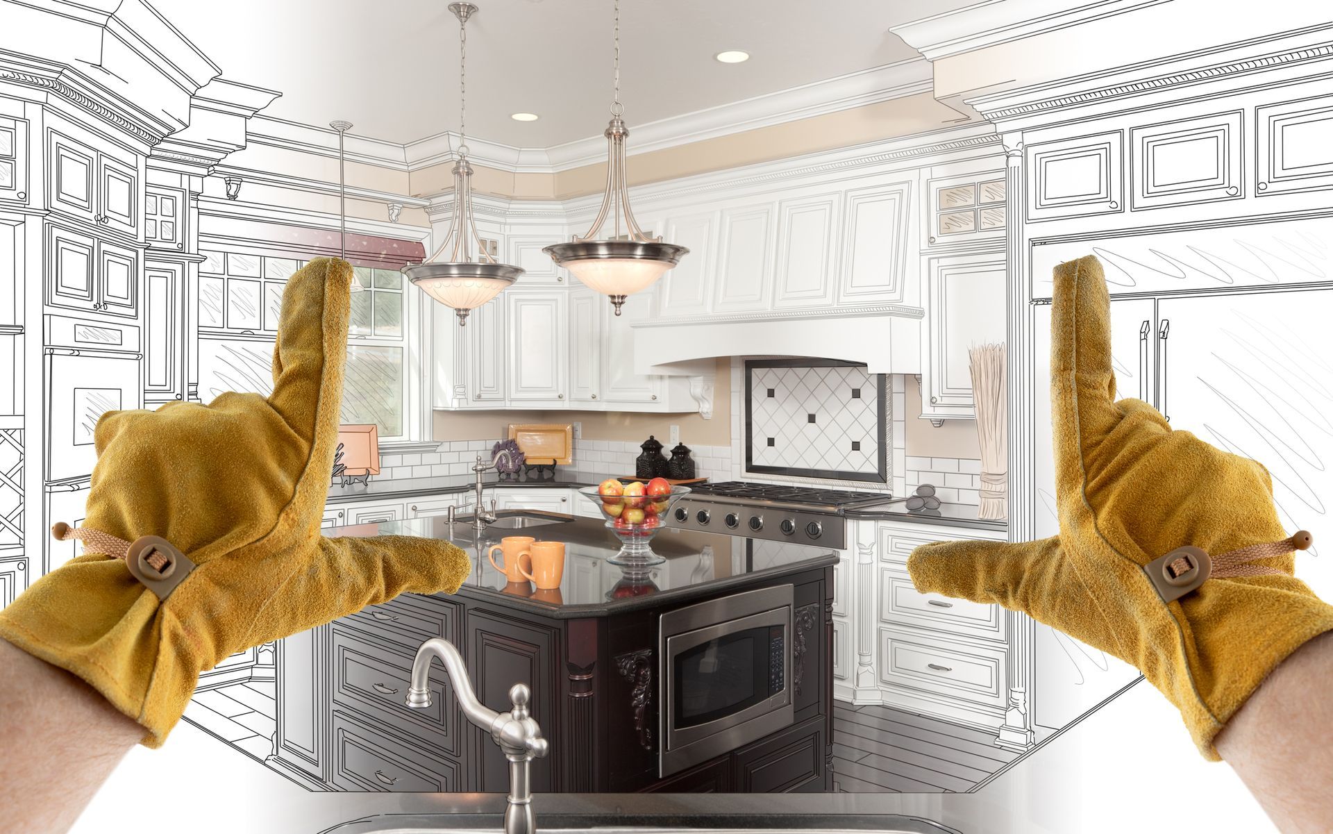 A person wearing gloves is framing a drawing of a kitchen.