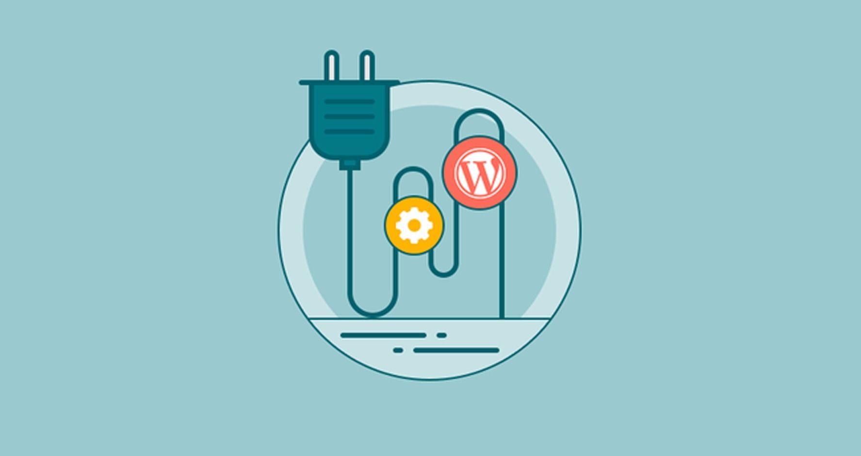 Plugged-in WordPress icon with settings and error icons, inside a light blue circle.