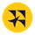 Yellow circle with dark blue abstract pinwheel logo inside