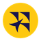 Yellow circle with dark blue abstract pinwheel logo inside