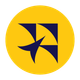 Yellow circle with dark blue abstract pinwheel logo inside