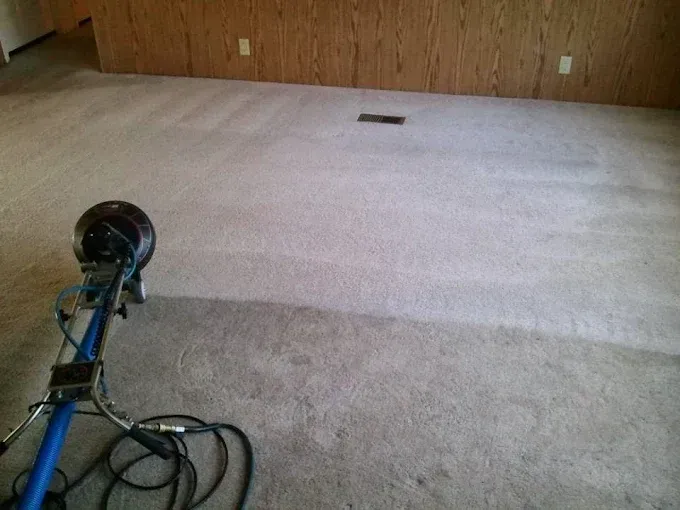 A carpet cleaning machine in use, cleaning a room with beige carpet.