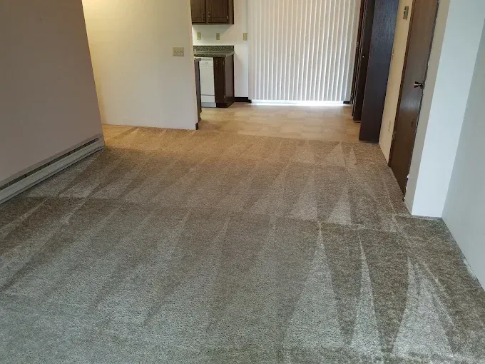 Beige carpeted room with beige walls and dark wood door and cabinets.
