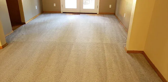 Beige carpeted room with tan walls and a double door.