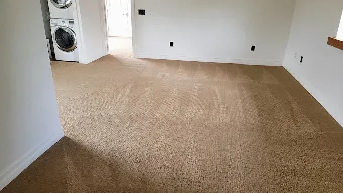 Beige carpeted room, white walls, doorway to laundry area with washer and dryer.