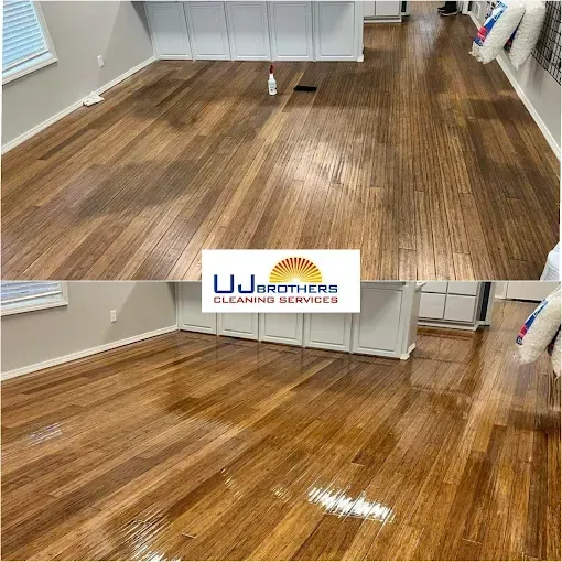 Before and after hardwood floor cleaning; showing a dull floor transformed to a shiny, wet finish.