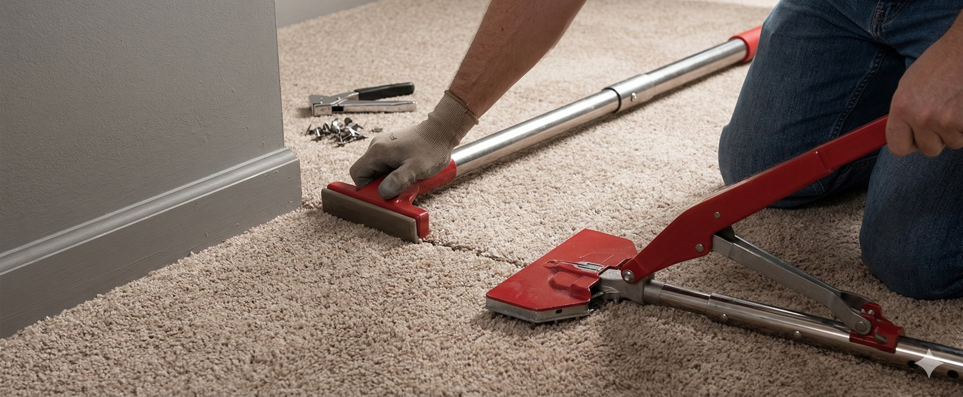 Person kneeling, installing carpet using tools. Red and silver tools, beige carpet, gray wall.