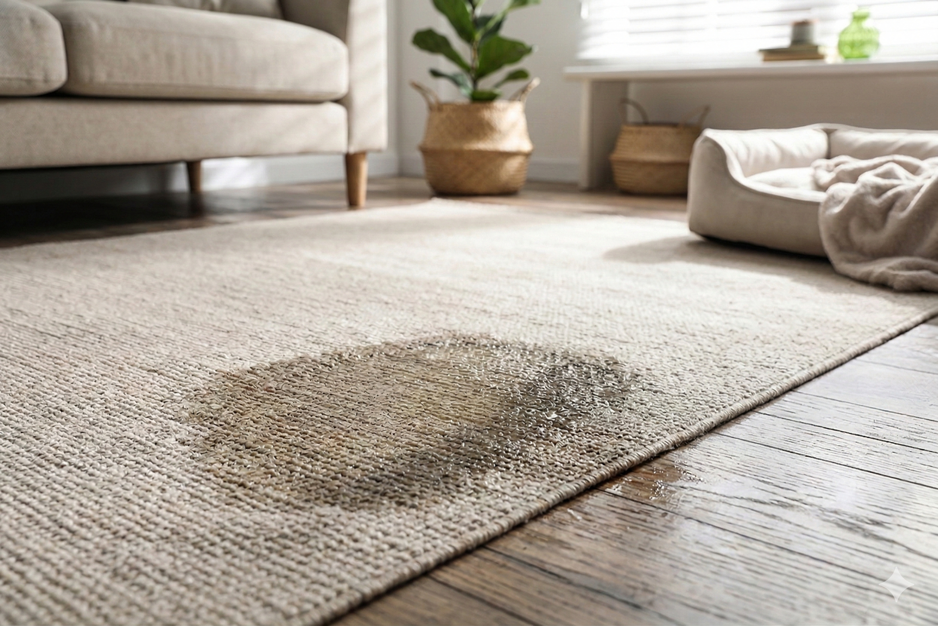Stain on a light-colored rug in a living room with a sofa, plant, and pet bed.