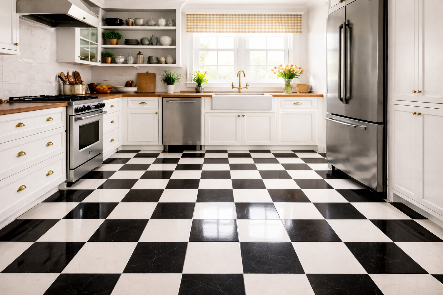 Commercial kitchen with stainless steel range and ventilation hood, and a red fire suppression system.