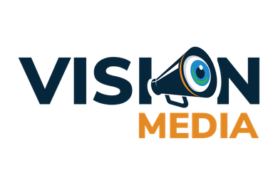 Vision Media logo in navy and orange with a megaphone replacing the “O” in Vision