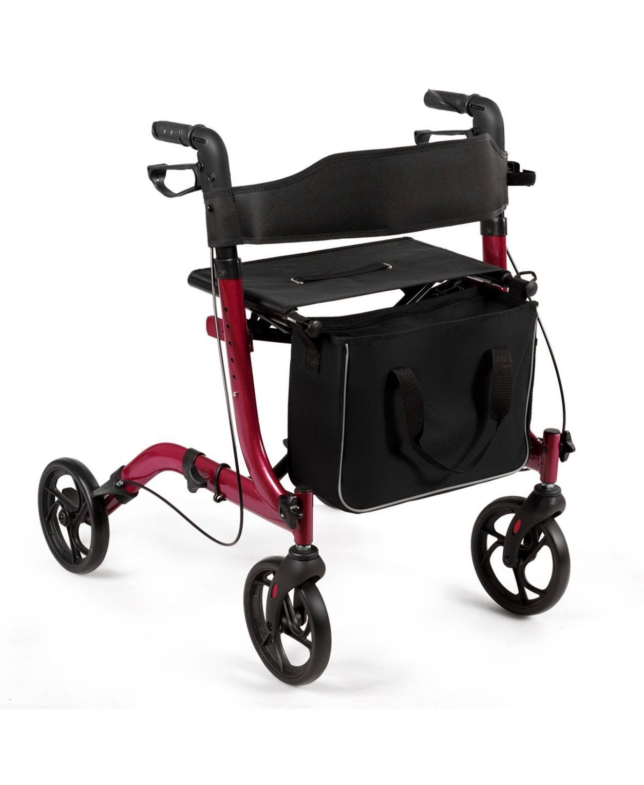 A red walker with a black bag attached to it on a white background.