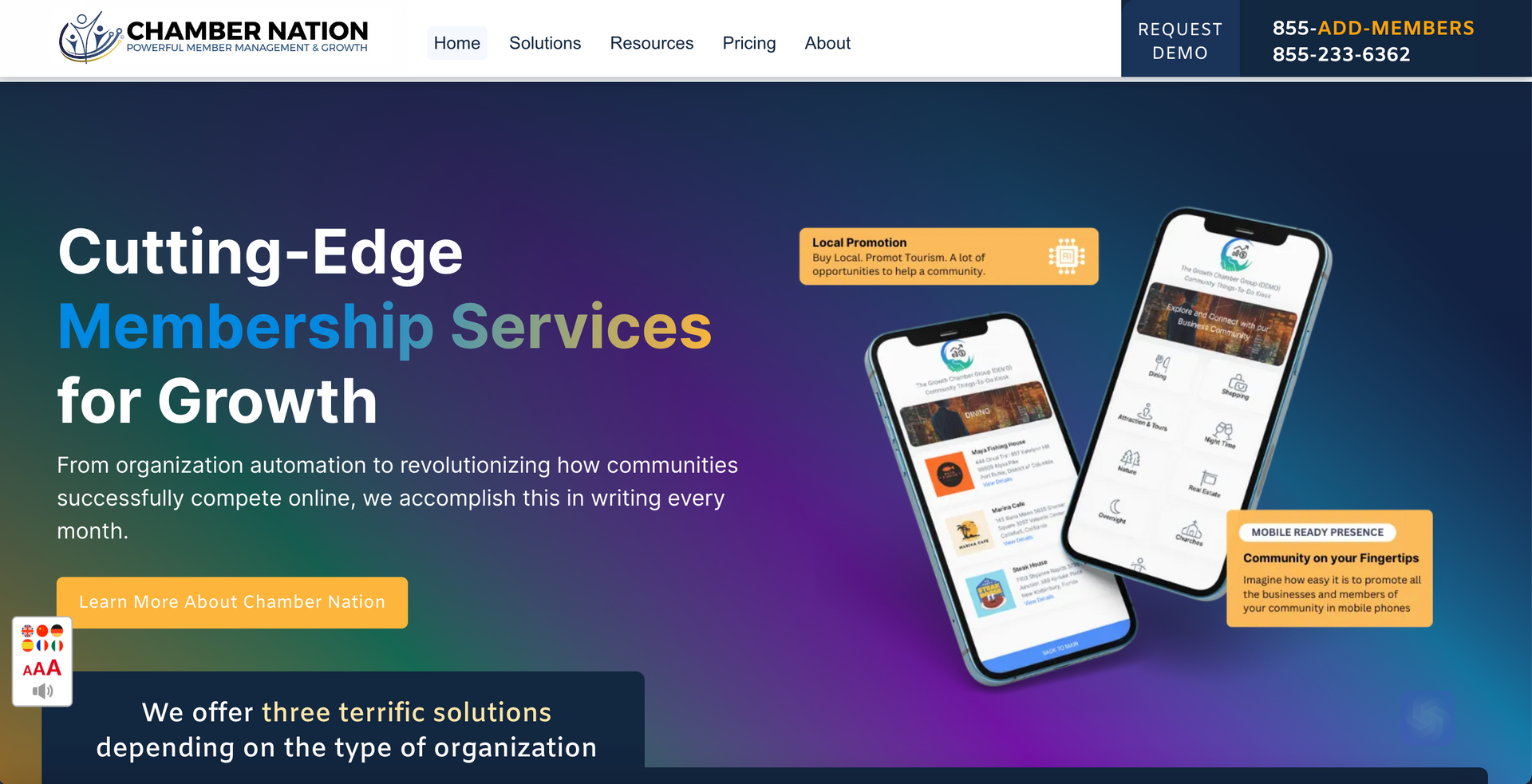 Chamber Nation website: two phones displaying membership app on a gradient purple background, promoting services for growth.
