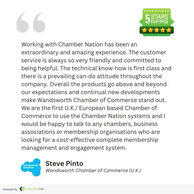 Testimonial with 5-star rating from Steve Pinto, Wandsworth Chamber of Commerce, praising Chamber Nation's customer service and products.