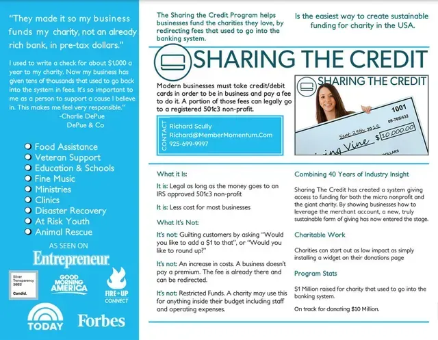 Promotional infographic for Sharing the Credit program. Features a woman holding a check, with text about funding charities.