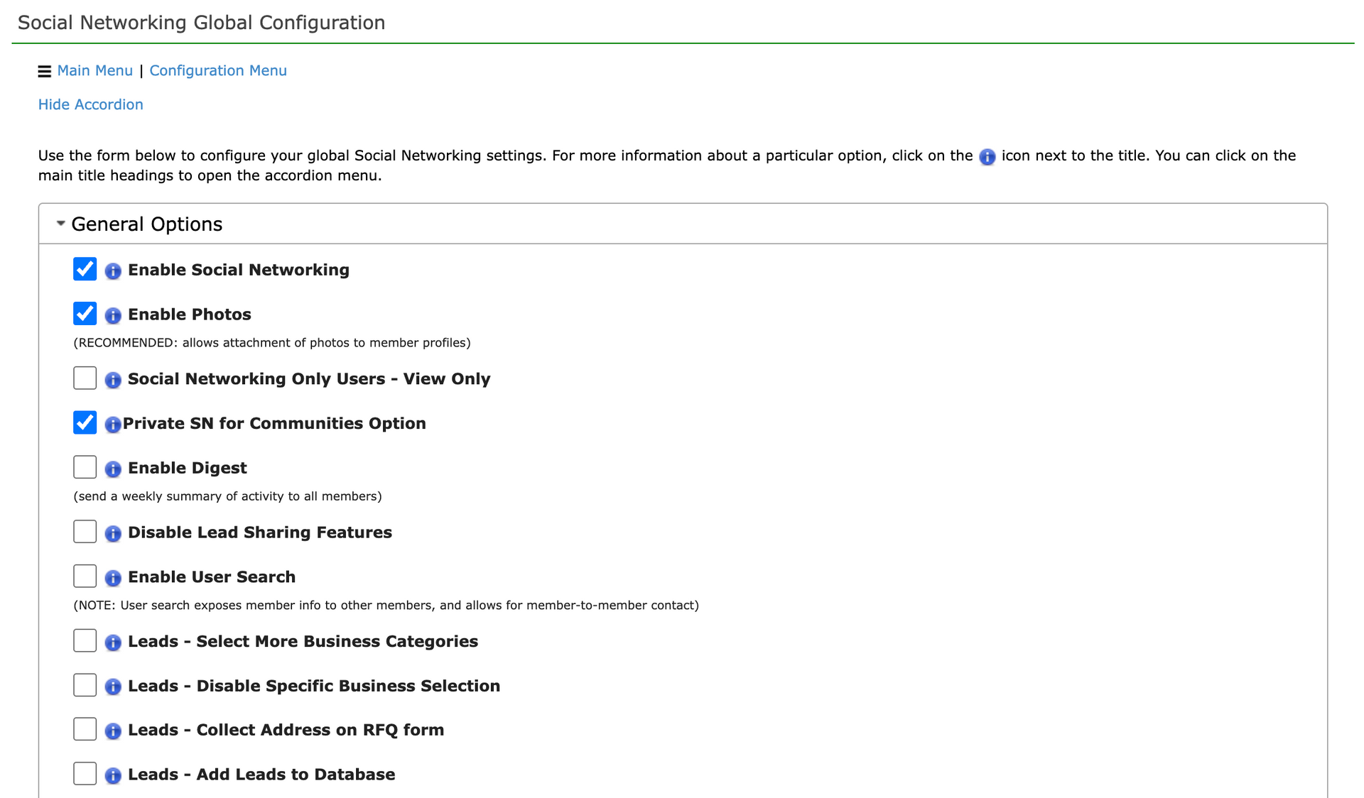 Screenshot of a web page for social networking site configuration options with checkboxes to enable features.