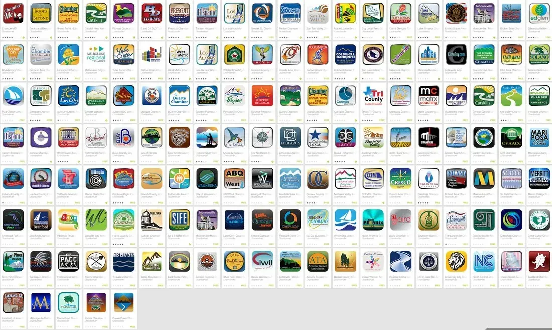 Grid of various app icons, likely for a mobile device. Diverse colors and graphic styles are displayed.