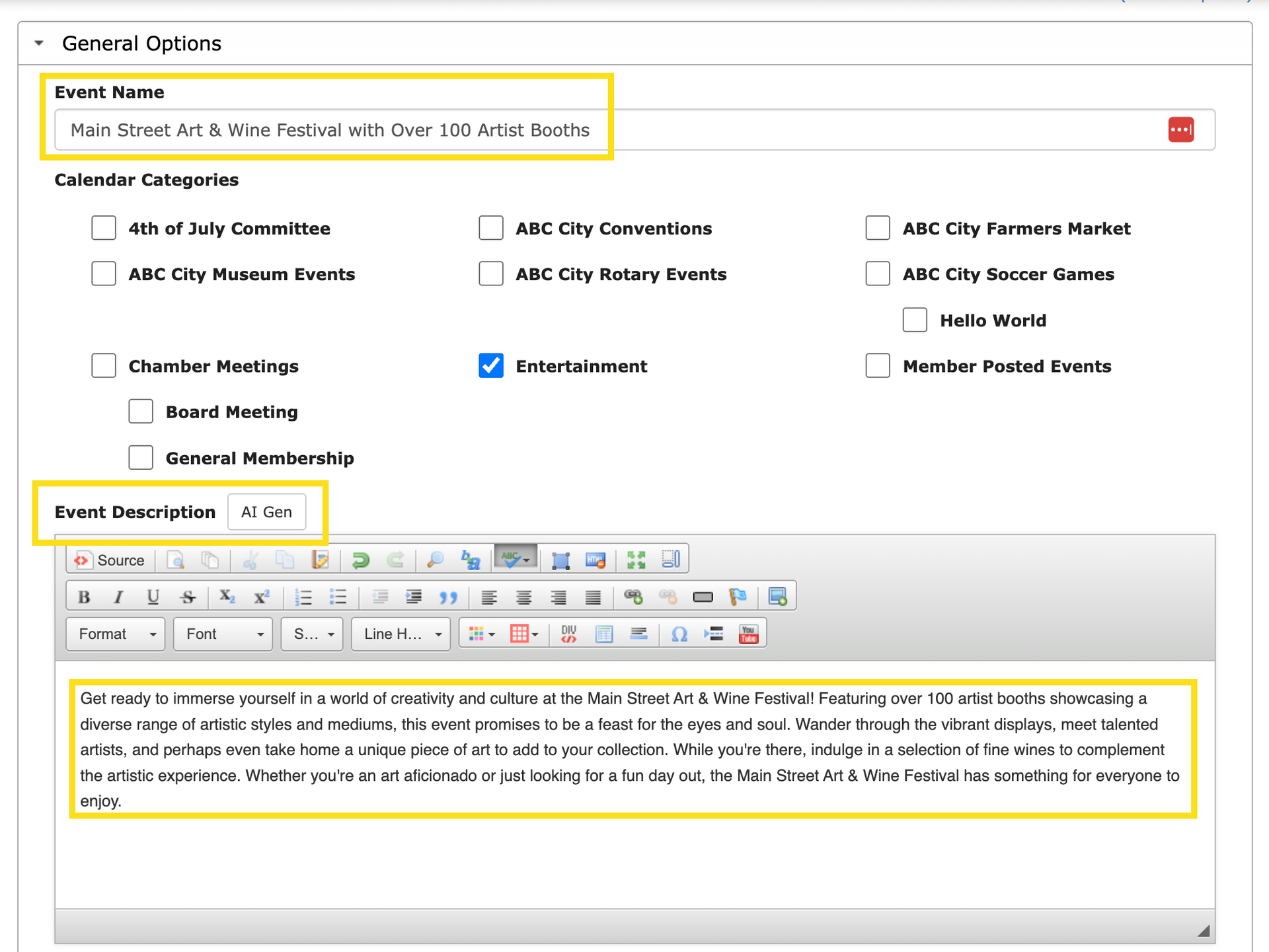 Form for creating or editing an event, with text fields for event name and description, and checkboxes for categories.