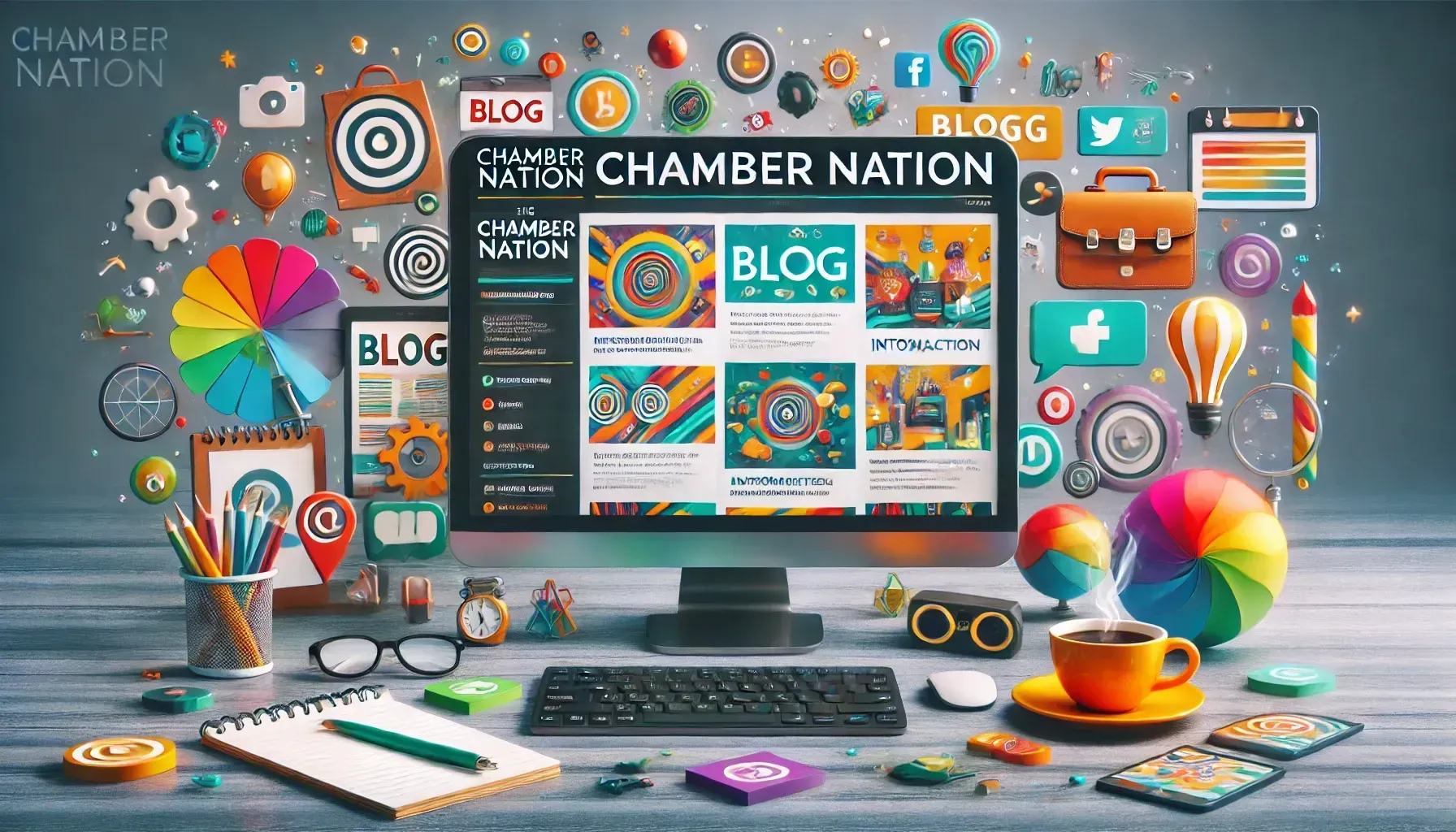 Computer screen showcasing blog content surrounded by colorful design elements and tools.