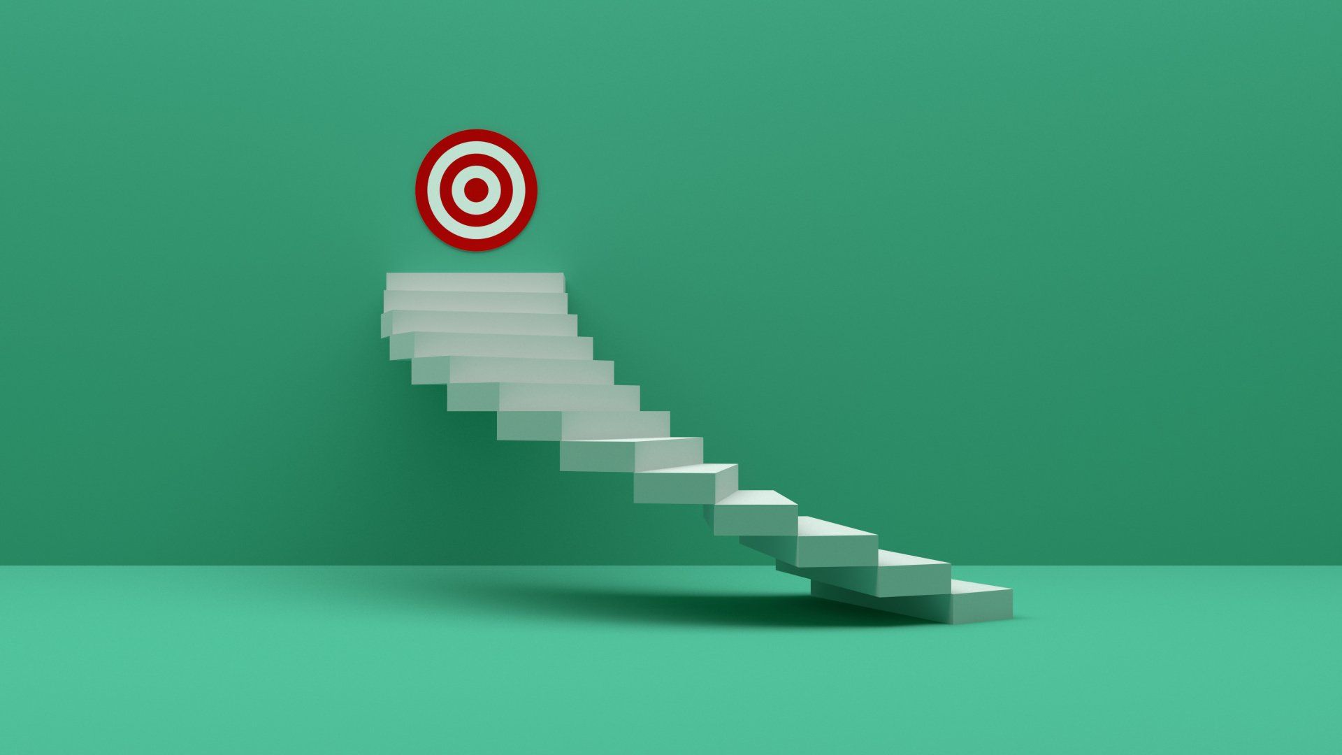 Staircase leading to a target. White stairs on a green background.