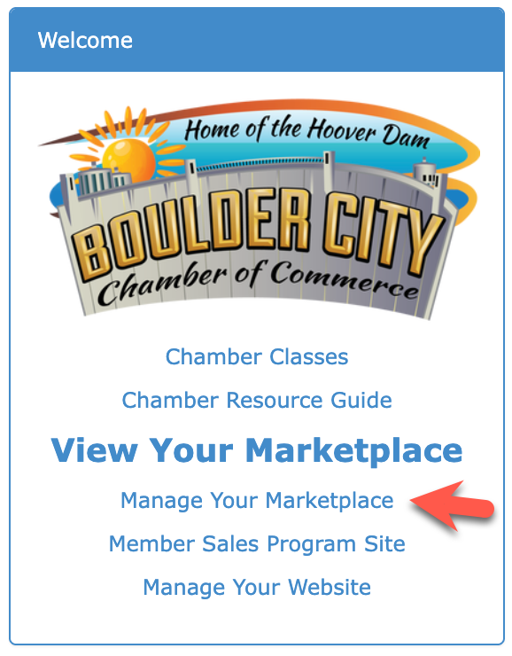 Boulder City Chamber of Commerce webpage: options to view and manage marketplace, with an arrow pointing to 