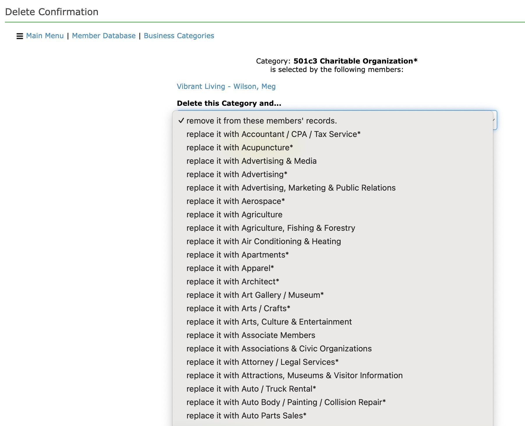 Delete Confirmation page displaying a list of company categories in a dropdown menu.