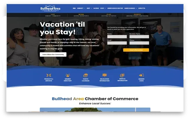 Website promoting Bullhead Area Chamber of Commerce, featuring photos, vacation theme, and online form.