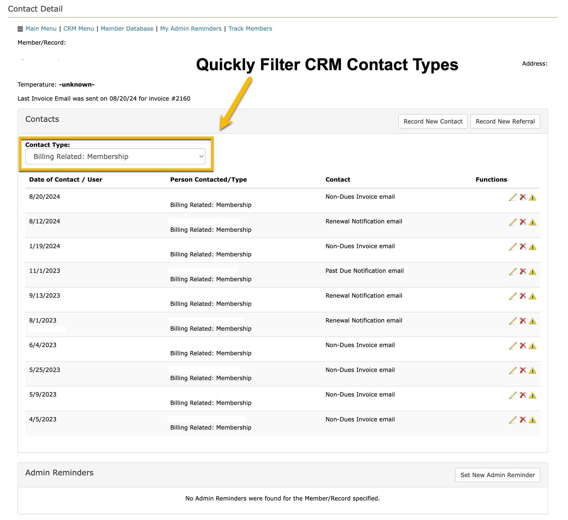 CRM contact list with filter for contact types, highlighted by an arrow.