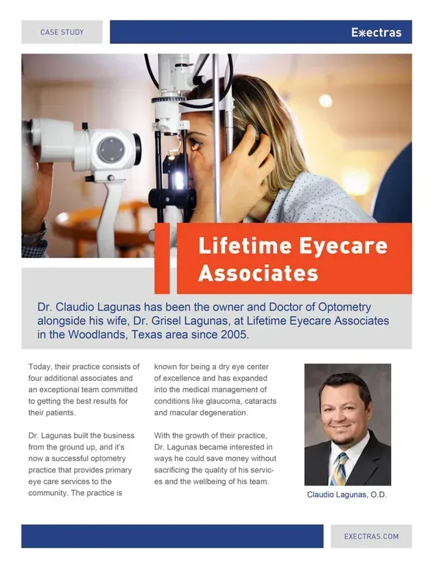 An eye doctor examining a patient's eye with medical equipment. The doctor's name is Claudio Lagunes.