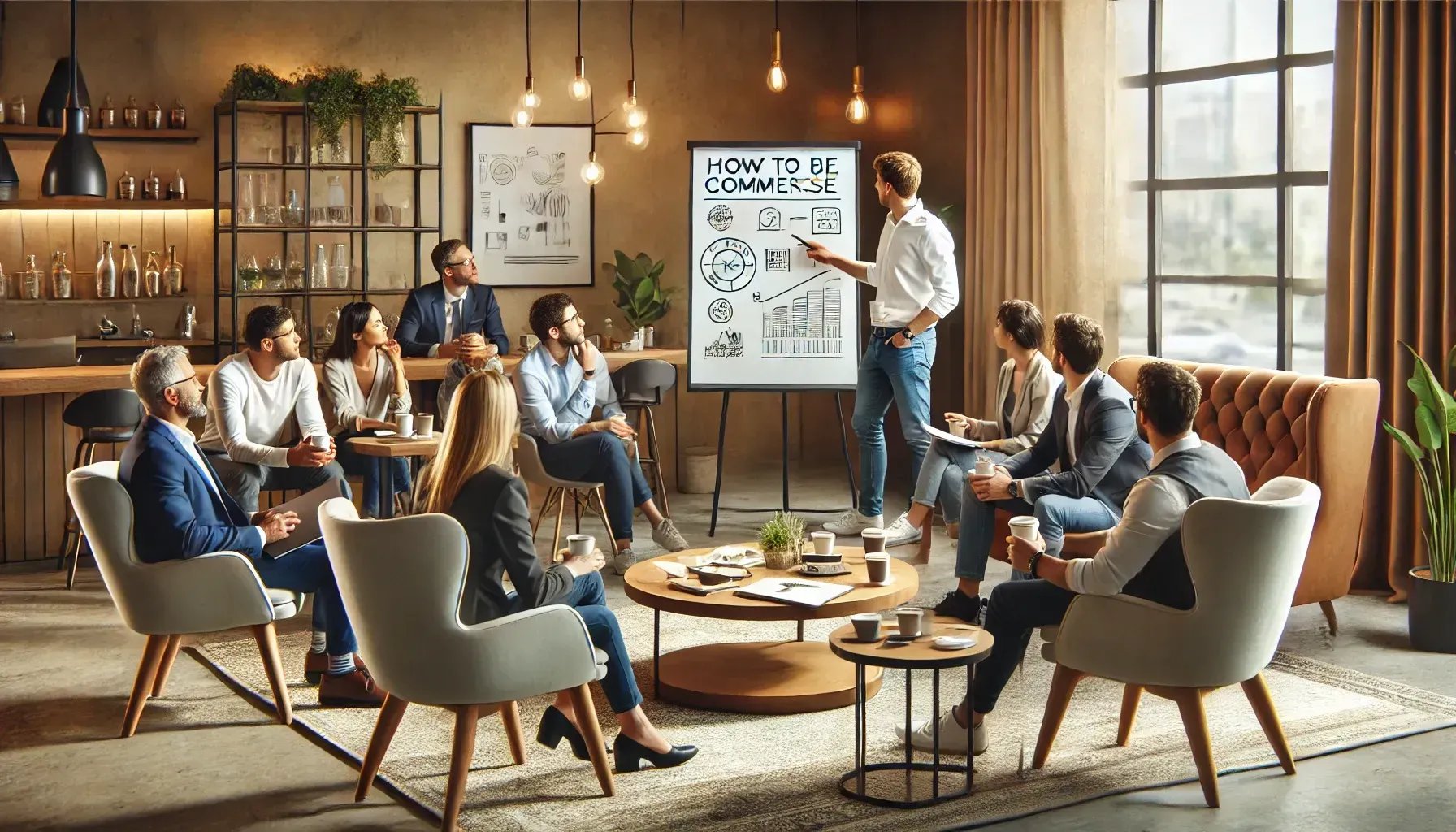 A business meeting in a modern office. A man presents at a whiteboard, colleagues listen in a circle.
