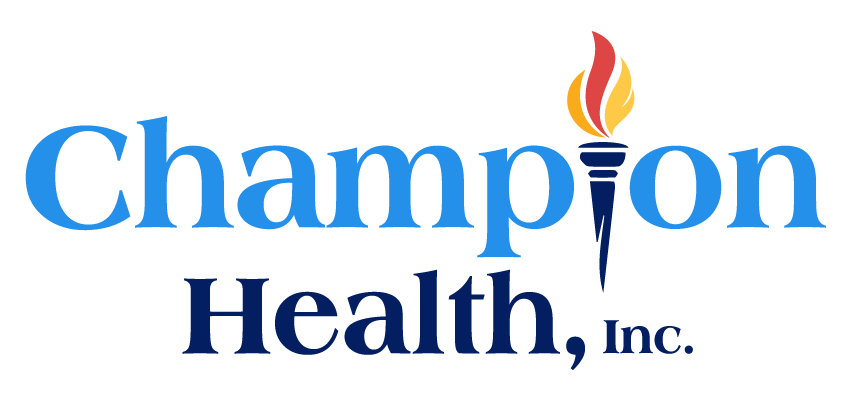 Champion Health, Inc. logo with blue text and a torch icon with flames of red, yellow, and orange.