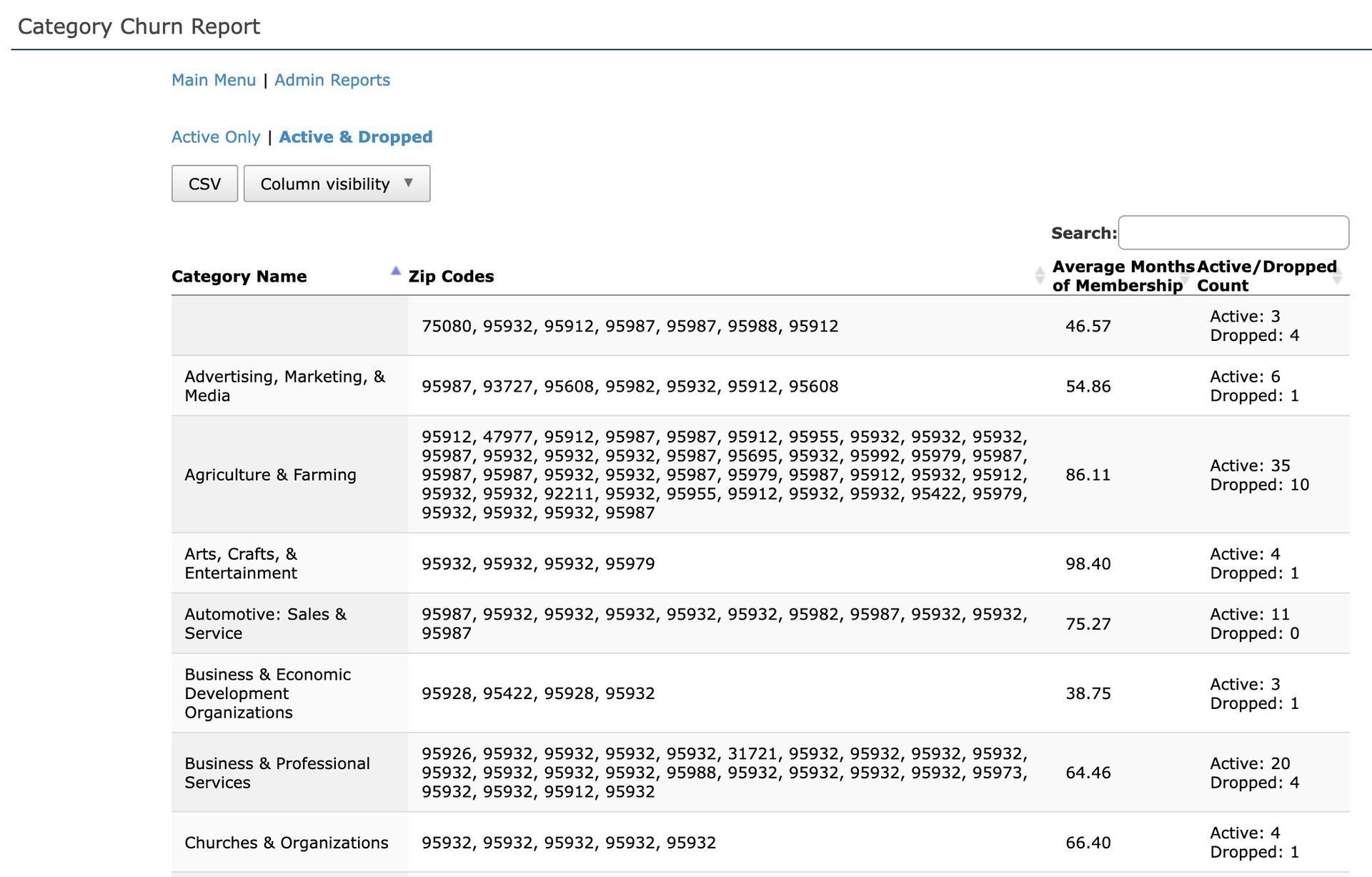 Category Query Report table showing category items and zip codes with average provider services.
