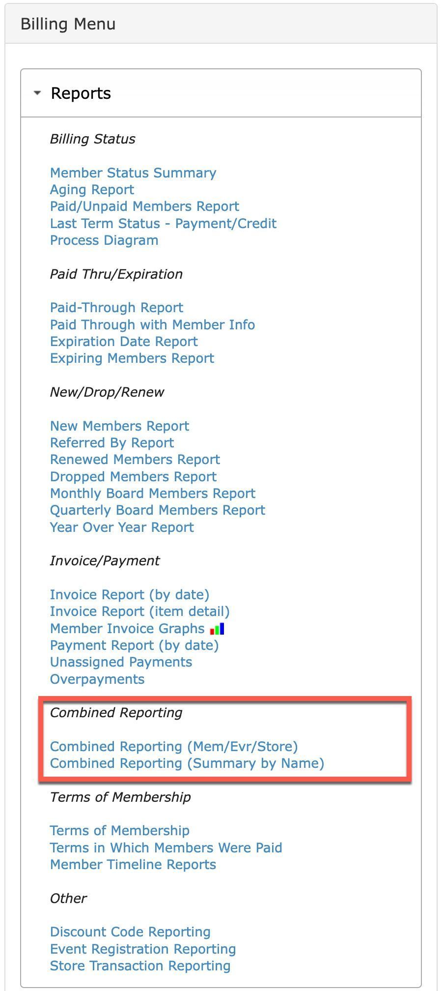 Billing Menu, Reports section highlighted with:
* Customer Reporting (Purchases/Returns)
* Customer Reporting (Customer by Name)