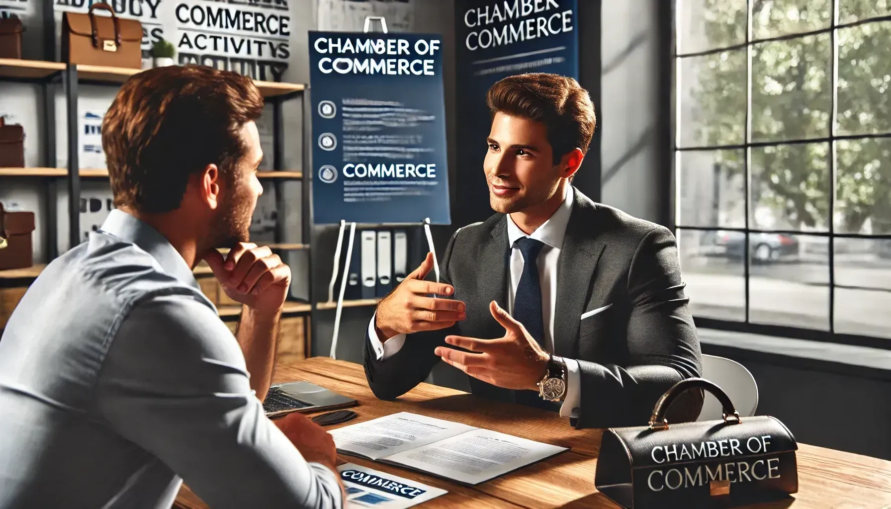 Two men at a desk in an office discussing documents; a Chamber of Commerce sign is in the background.