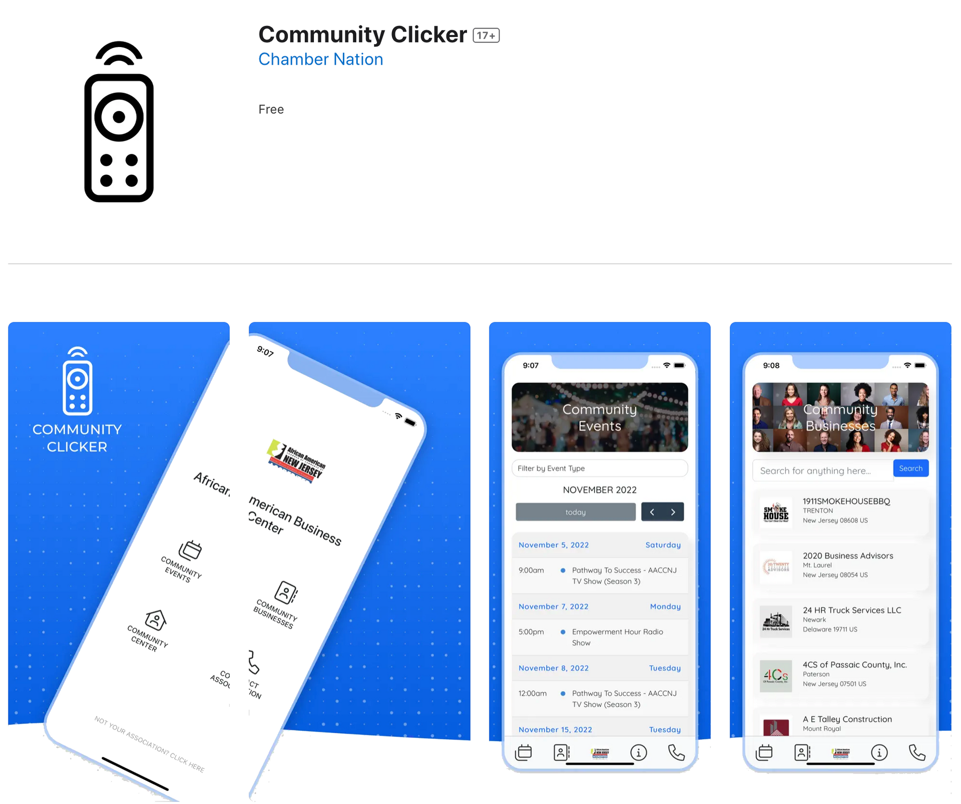 Community Clicker app.  Smartphone screens showing the app's interface: features, event listings, and contact info.